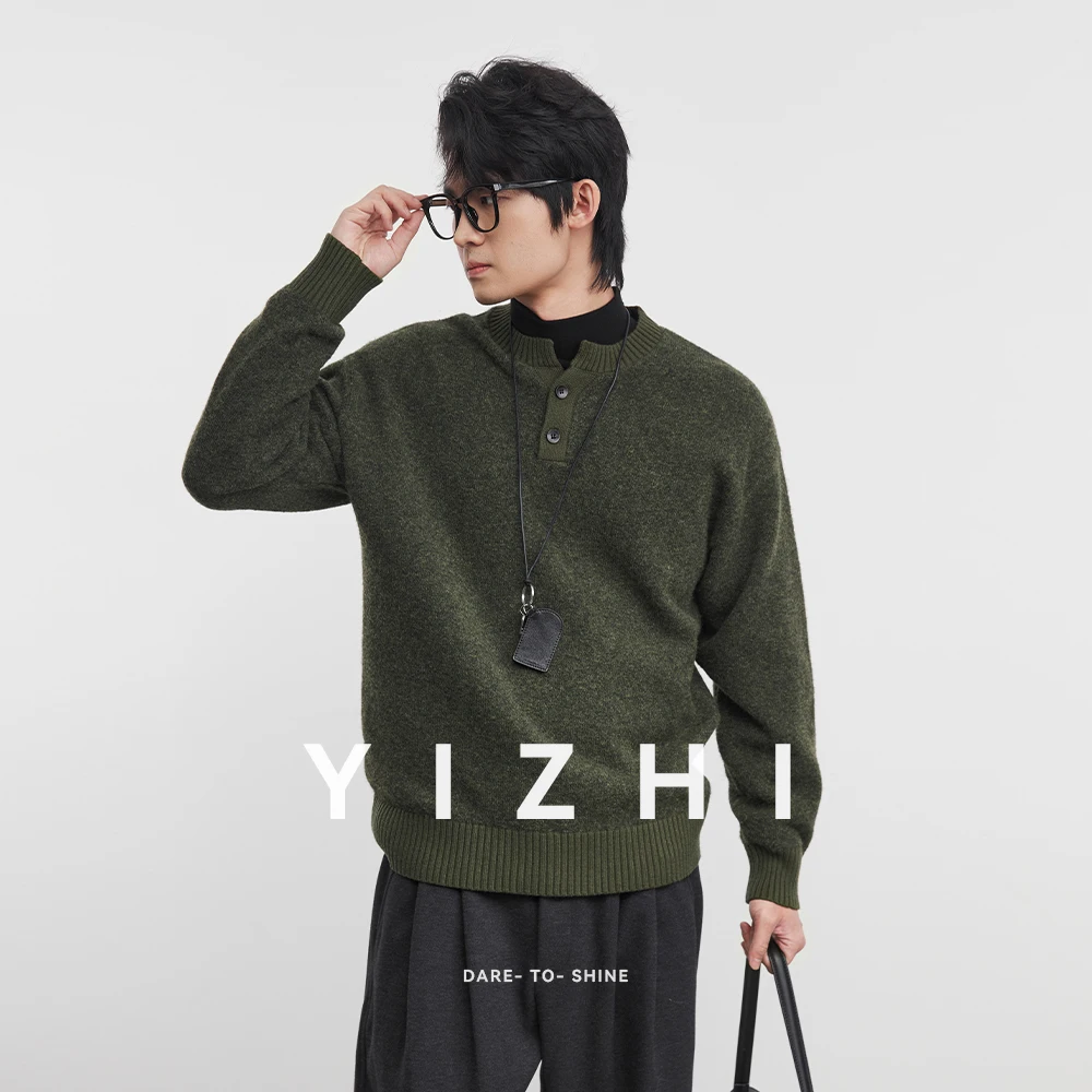 

Fashion Men's Old Money Style Henley Collar Sweater 2025 Winter New Loose Casual Versatile Solid Color Men's Pullover Knitwear