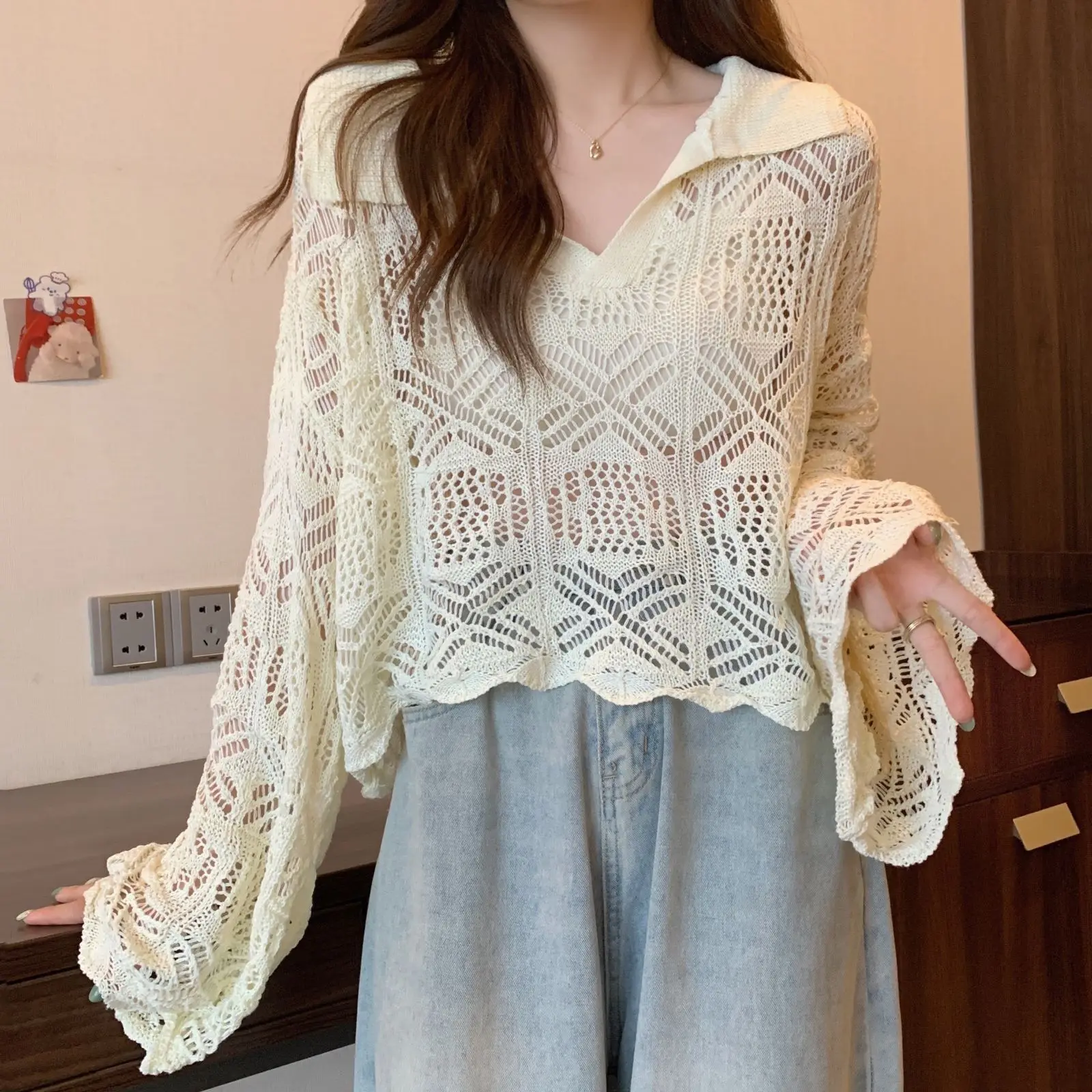 Spring and Summer Hollow Out Design Long Sleeved Knitted Sweater for Women with Flared Sleeves and Spicy Girl Top