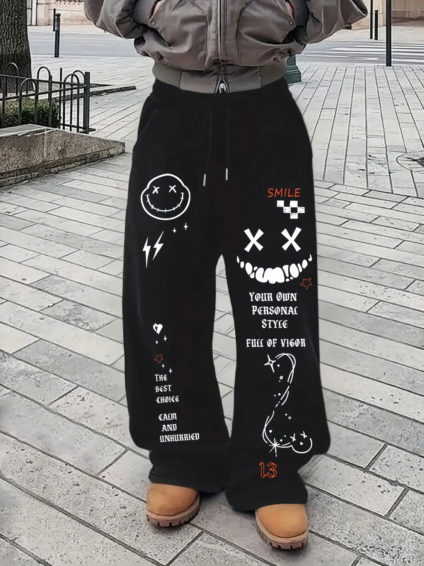 

Men's Casual Sports Trousers, Smile Pattern Printed Sweatpants, Drawstring Wide-leg Casual Trousers for Men