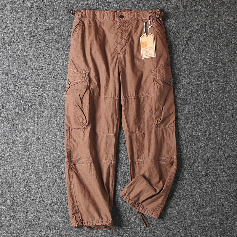 

Ретро-брюки в американском стиле из хлопка для мужчин: тонкие, повседневные, с множеством карманов, свободного кроя, широкие штанины, рабочие, прямые брюки для весны и лета