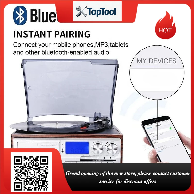Vintage Style Turntable, 3-Way Music Player (BT/CD/Tape) - Compact Retro Sound System for Home