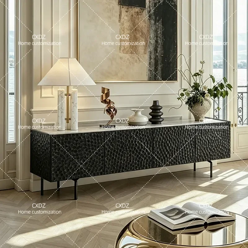 Italian Style Marble TV Cabinet Modern Living Room Storage Unit High End Hammer Pattern Engraved Floor Console Decorative