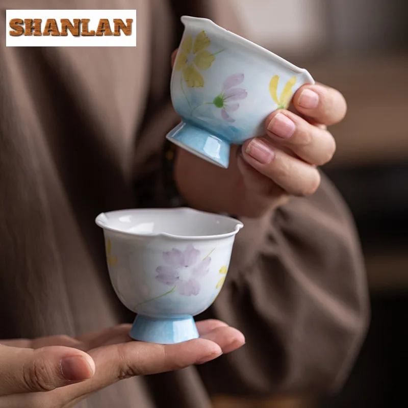

2pc/lot Hand Drawn Galsang Flowerv Flower Mouth Teacup Creative Tea Bowl Mug Smelling Cup Jianzhan Master Cups Tableware 70ML