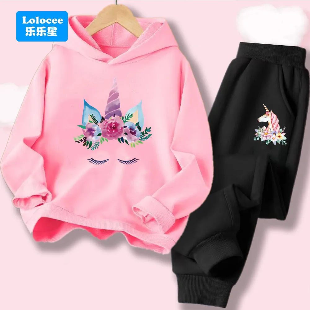 Mädchen-Set mit Einhorn-Aufdruck, Kapuzenpullover und Jogginghose, lässiges Kinder-Outfit, süßer Cartoon-Trainingsanzug für Mädchen, Activewear aus weicher Baumwolle, DJSMY