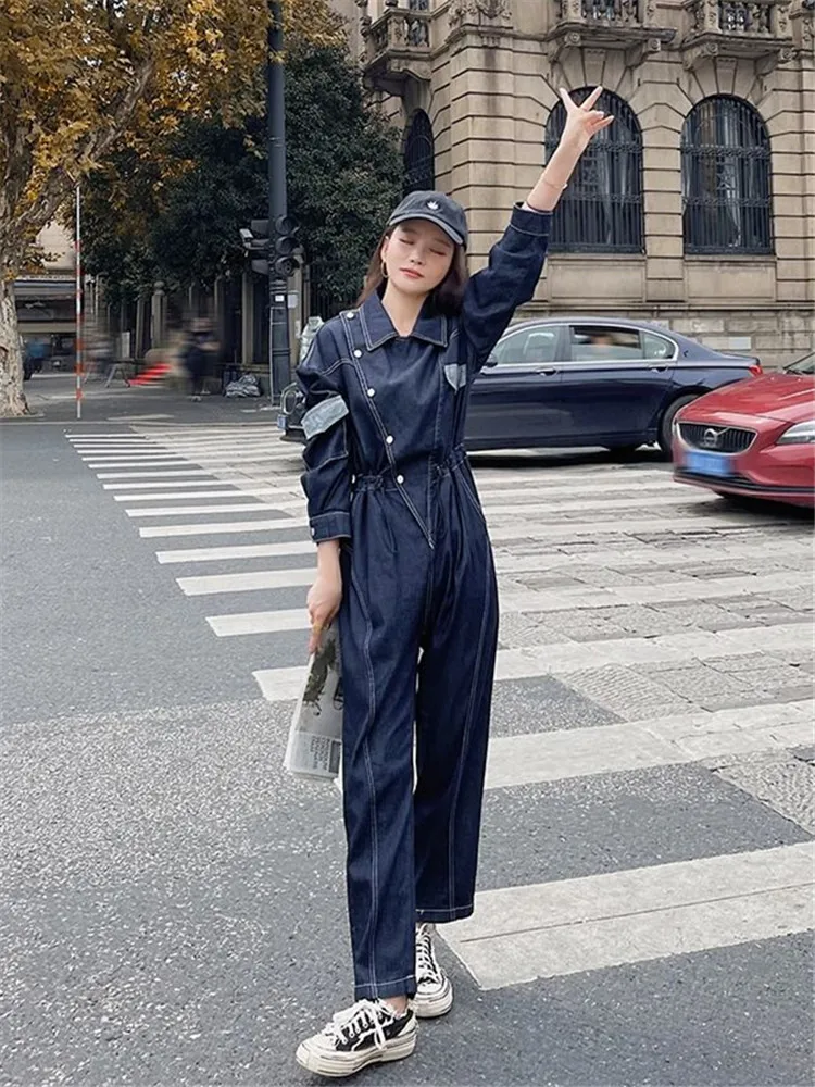 2025 ฤดูใบไม้ผลิฤดูใบไม้ร่วงใหม่ DENIM Jumpsuit ผู้หญิงลําลองหลวมเอวแสดง Slim Workwear แขนยาว Overalls ยาวกางเกงกางเกงยีนส์