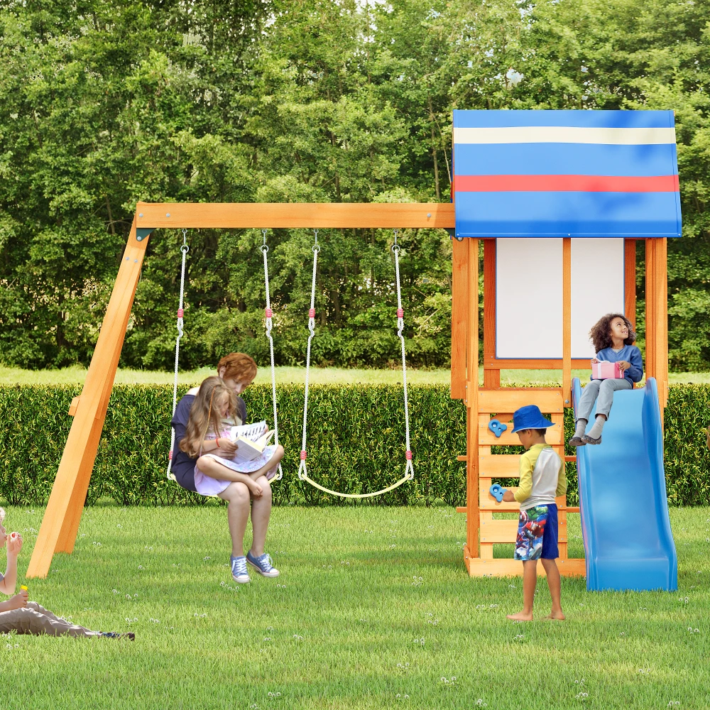 

Wooden Outdoor Swing Set, 3 in 1 Swing Set, outdoor Children's Playset with Slide , 2 Swings and Climber for Playground, Blue