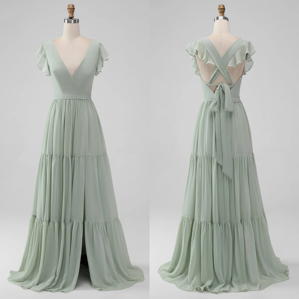 

Luxurious Modest Chiffon Bridesmaid Dresses V-neck Short Sleeve A-line Pleated Multi Tie Prom Dress Women's Wedding Evening Gown