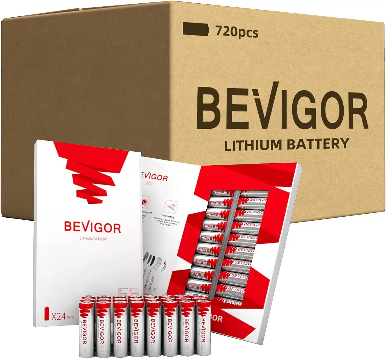 BEVIGOR-Batterie Lithium Fer Double A Non Rechargeable, AA 24.com, Paquet de 720