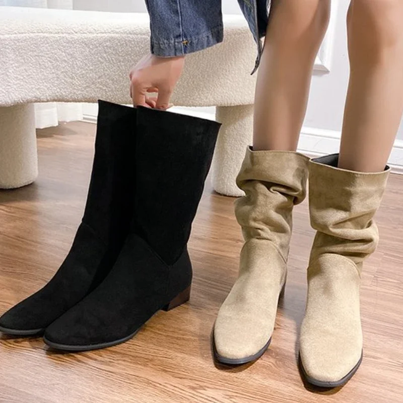 Women's Pointed Wild Boots, Thick-Soled Western Boots, Vintage Pleated Fashion Ankle Boots Autumn and Winter