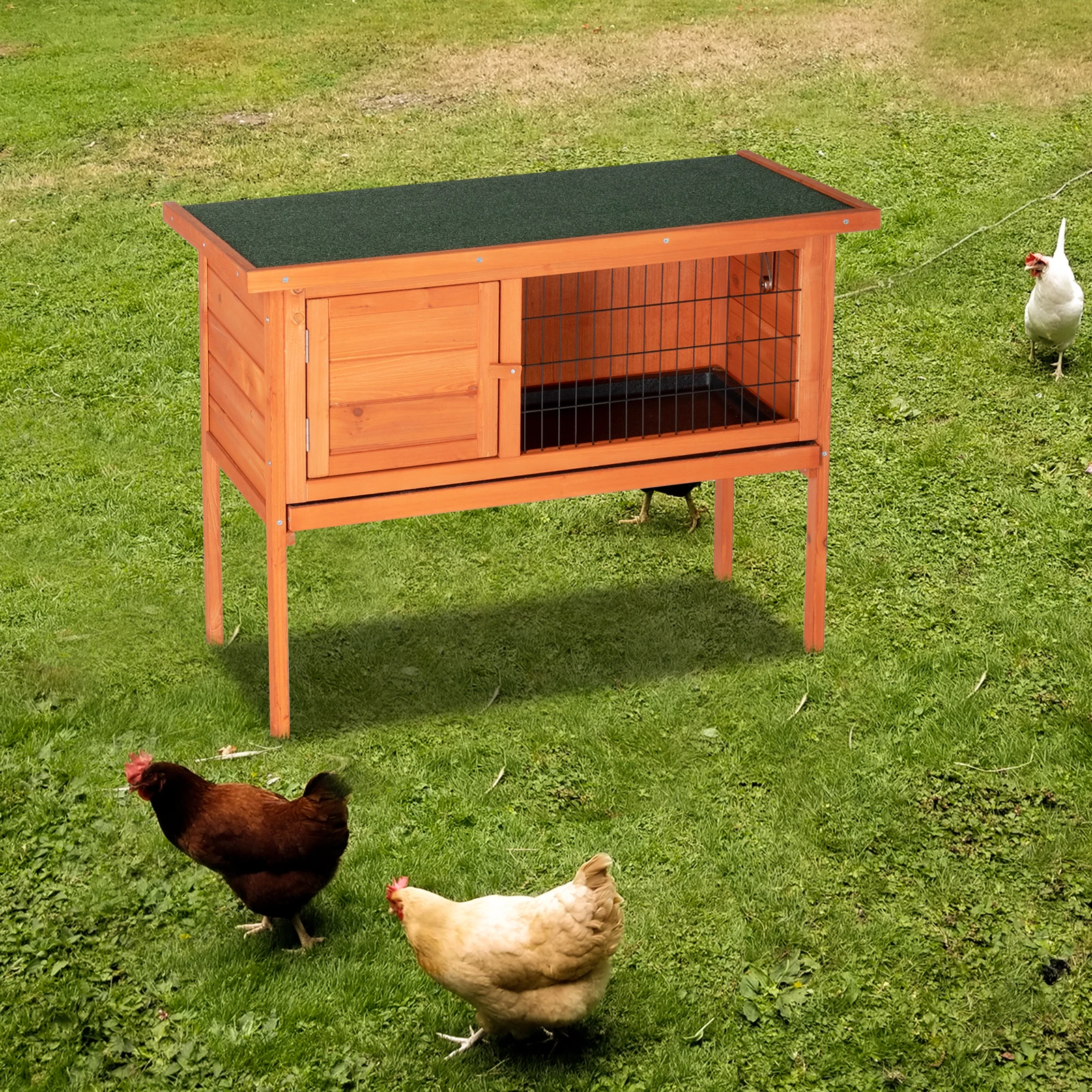 Green asphalt roof, natural wood color, cedar wood, high footed chicken and rabbit cage, can open the roof