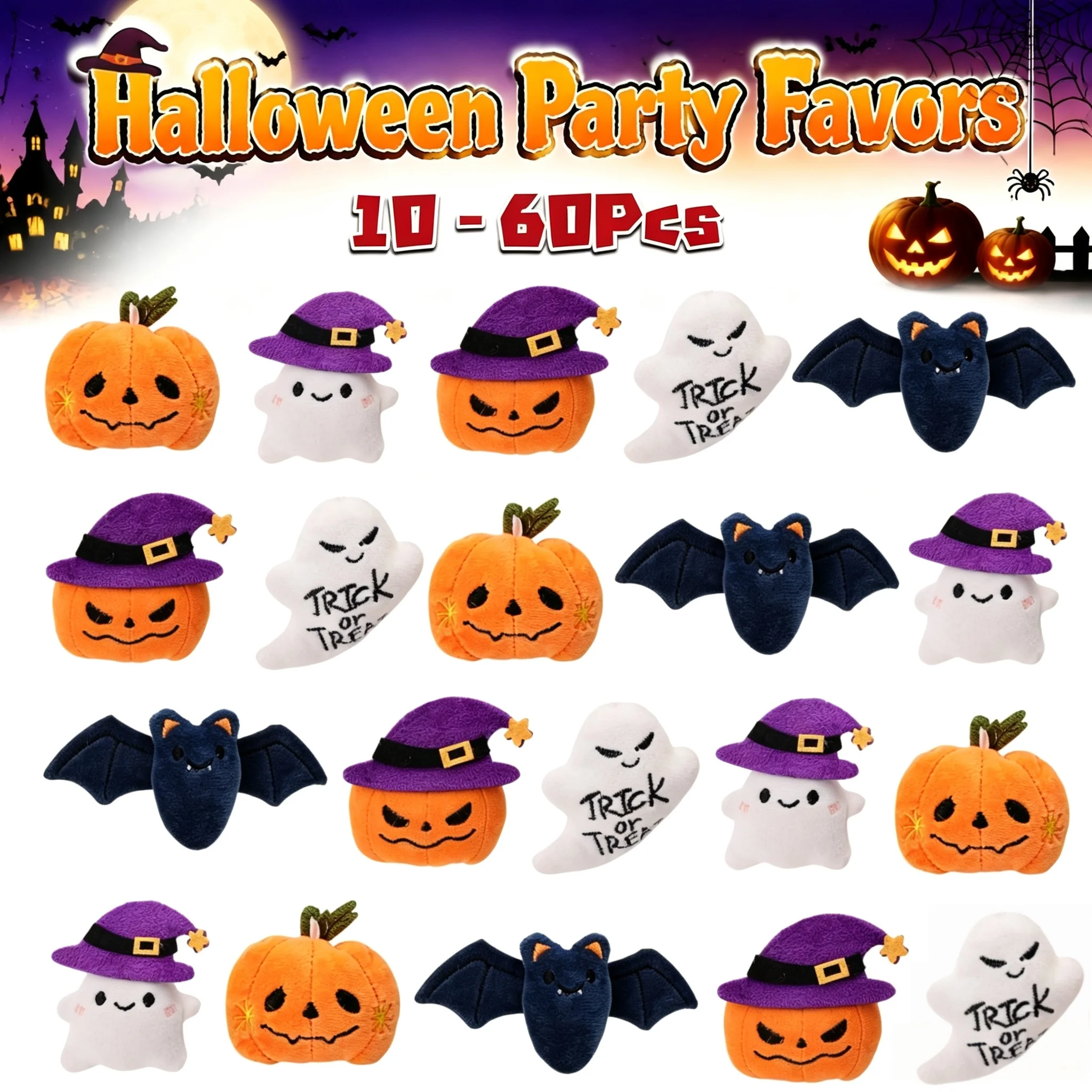 10-60 Stück Halloween Plüsch-Schlüsselanhänger Kürbis Geist Fledermaus Hexenhut Süßes oder Saures Geschenktüten-Füller Halloween-Party-Geschenke