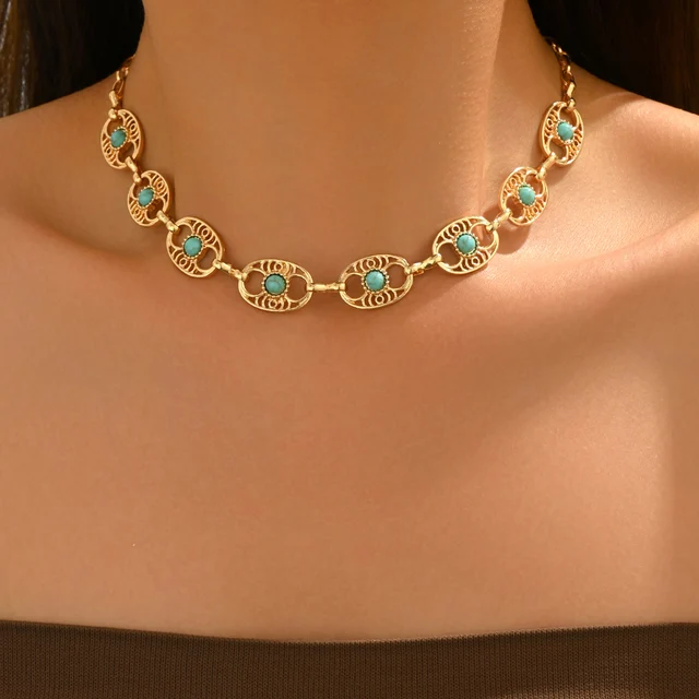 Collar gargantilla dorado vintage con turquesa para verano