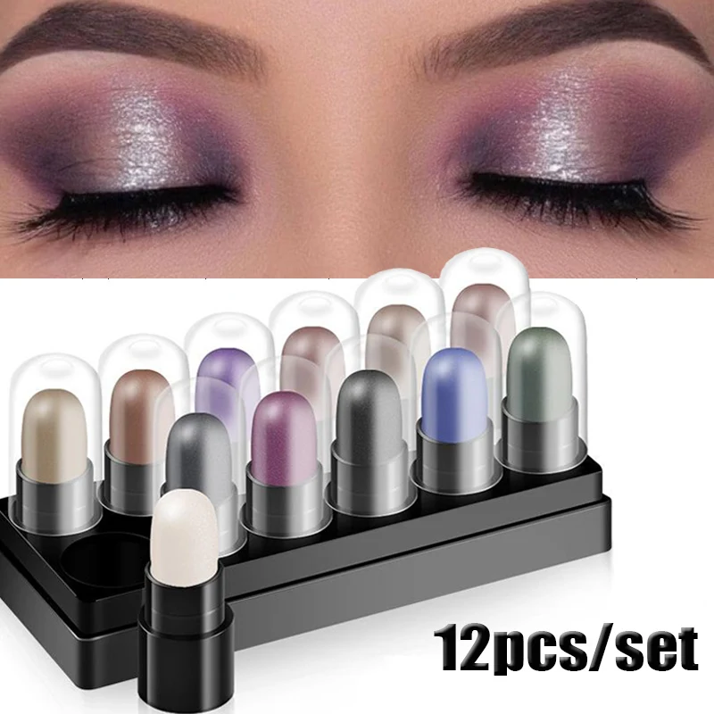 Juego de lápices de sombra de ojos, 12 colores, resistente al agua, de larga duración, brillo, sombra de ojos, resaltador, palo, herramientas de maquillaje