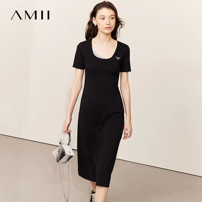 

AMII Minimalist Summer Casual Dresses Women 2025 U-neck Short Sleeve Dress Female New Fashion Fake Two-piece Clothing 12542152