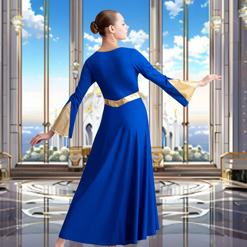 Robe de danse moderne à manches longues pour femmes, coupe ample, pleine longueur, pour la culte des adultes, Costume métallique liturgique, robe de danse