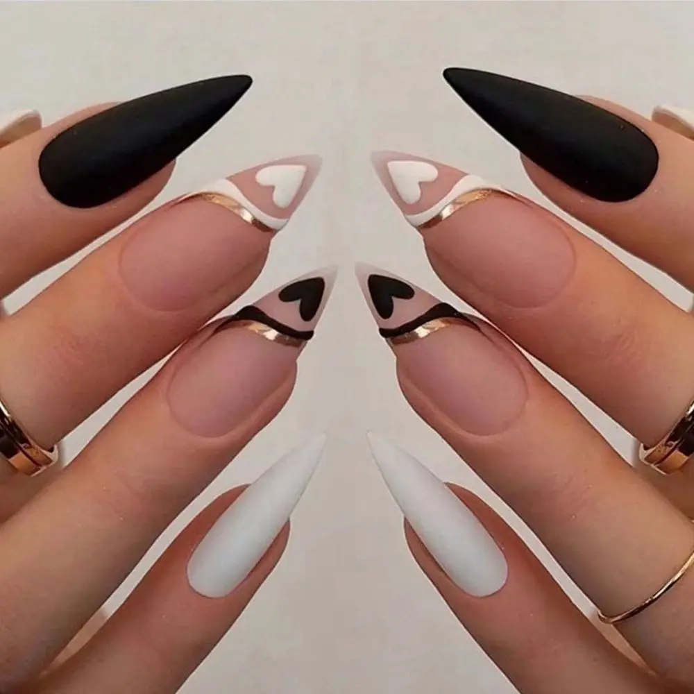 24pcs/Box Press On Nails Full Cover Manicure Tool Flower Almond False Nails Wearable French Stiletto Fake Nails Nail Tips