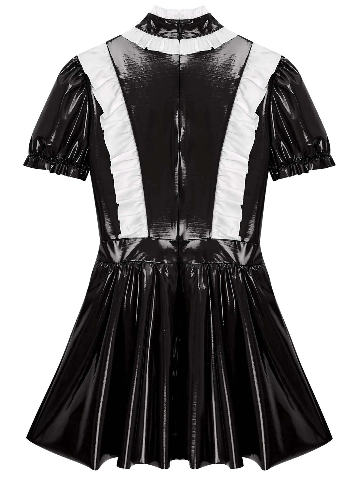 Womens Wet Look Patent Leather Maid Dress Cosplay Costume Ruffles Trims Puff Sleeve A-Line Dress Naughty Maid Uniform Clubwear