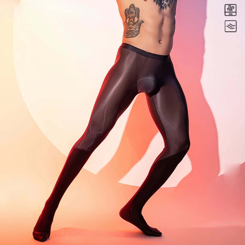 Men's Sexy Body-Shaping Pants Pantyhose Sheer Oil Shiny Glossy Foot Tights Super Elastic Silky Slim Sissy Bulge Pouch Stockings