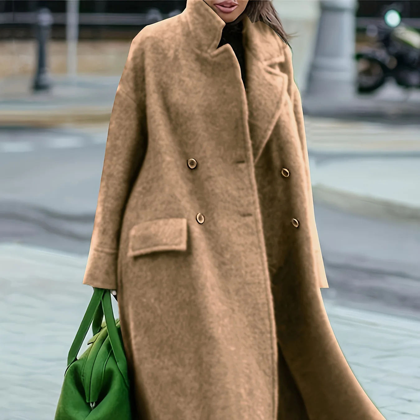 Autumn and winter long tweed coat Solid color temperament commuter belt-less lapel loose tweed green coat