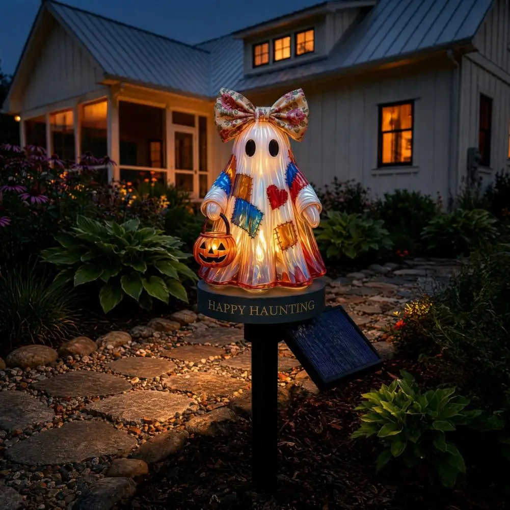 Halloween Ground Lamp Warm Light Garden Lamp Solar Retro Patchwork Ghost Light Fabric Halloween Garden Stake Pumpkin Lantern