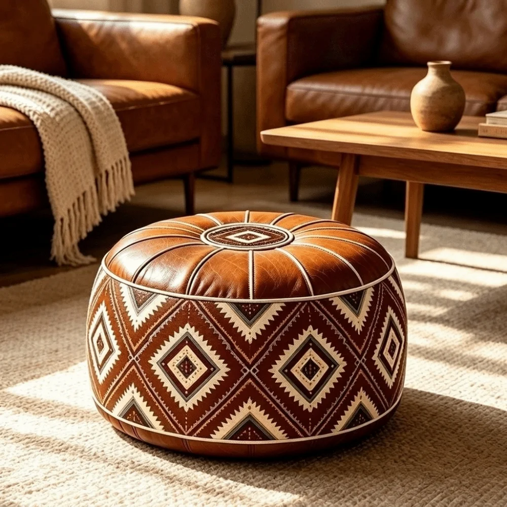PU Leather Boho Style Seat Cushion Cover Fillable Design Large Capacity Round Footstool Cover Unstuffed Waterproof