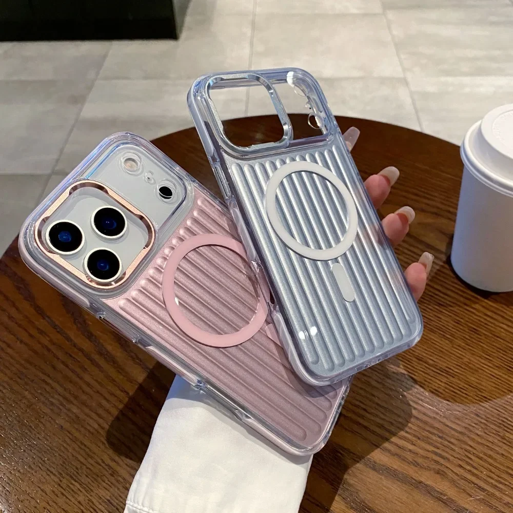 Mode 3D Koffer Gegolfd Streep Modern voor Magsafe Case voor IPhone 17 Air 16 15 14 Pro Max Magnetische Waterdichte Cover Fonds