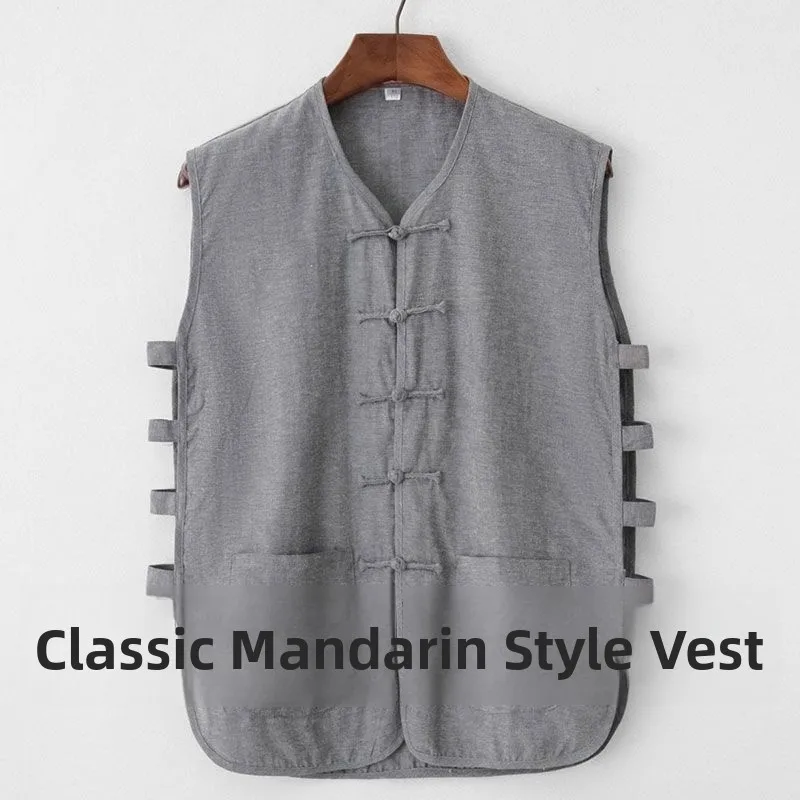 Pure Cotton Men's Sleeveless Tang Suit Vest Chinese Style Button Backless Summer Casual Wear Mid-aged Men's  Color Top