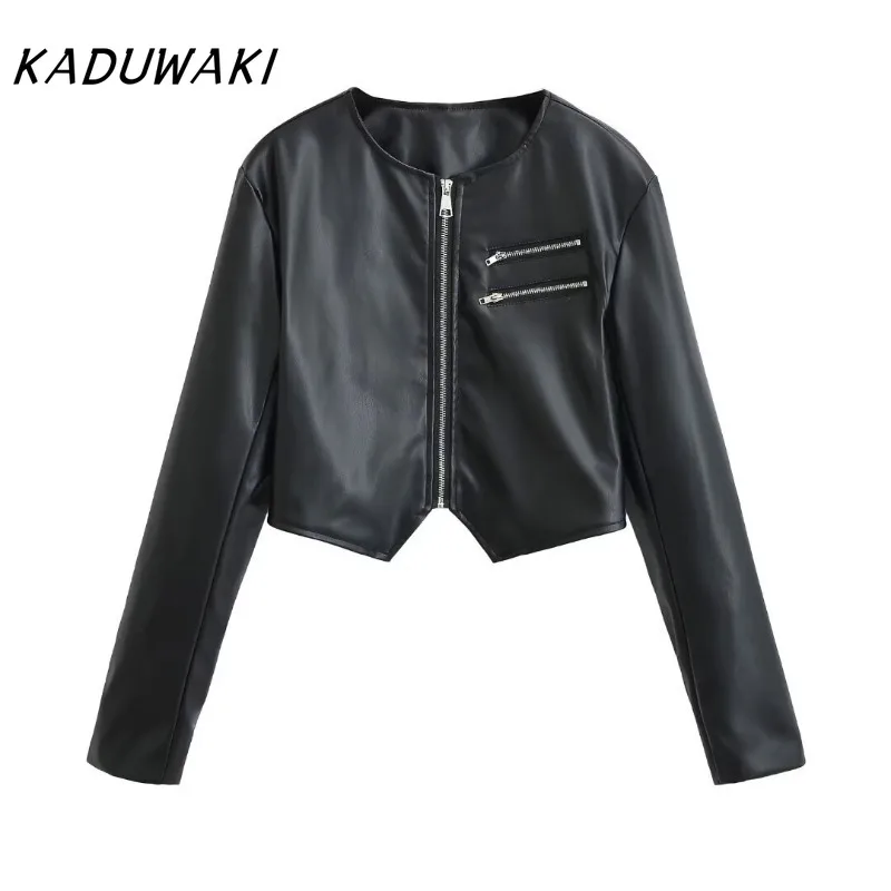 

KADUWAKI Sweet Cool Irregular Zipper PU Leather Short Jackets Pleated Single Button Wrap Around Mini Skirt Spicy Girl Coats 방수자켓