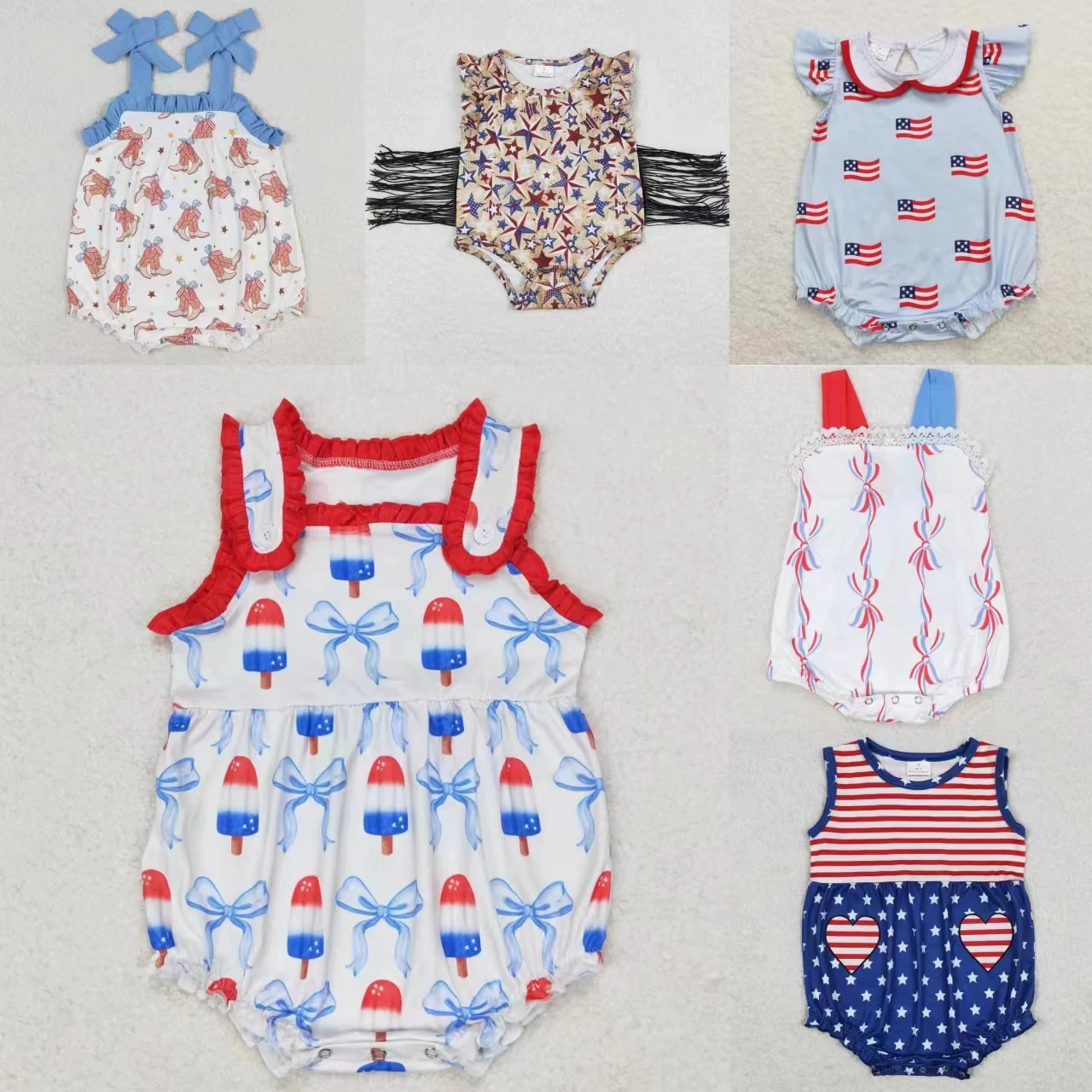 

Wholesale Newborn Toddler July 4th Clothing Baby Girl Stars Stripes Flags Infant Jumpsuit Kids Children Overall Bubble Romper