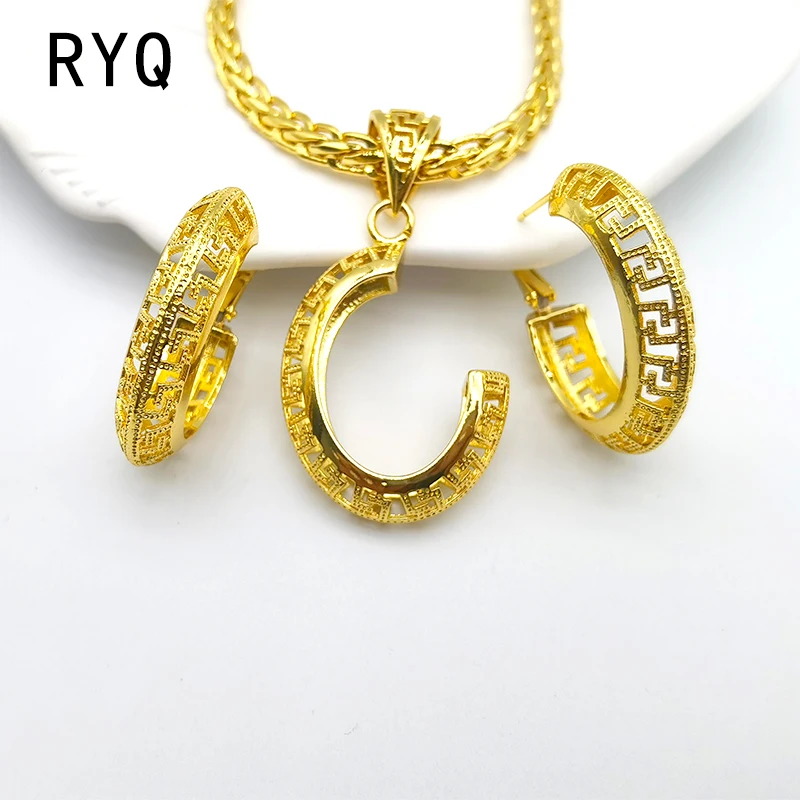 Round Geometric Earrings Necklace For Women Rectangular Gold Color Annular Metal Earrings 2022 New Trendy Jewelry Gifts RYQ