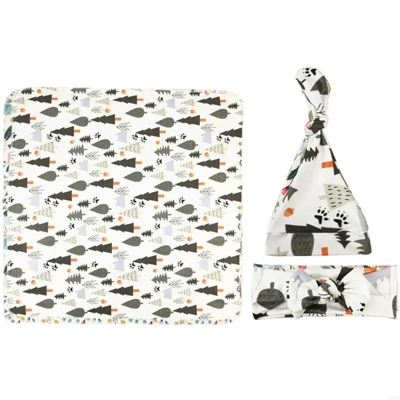 

97BE 3pcs Infant Nursery Swaddling Swaddles Wrap Headband Hat Photography Props Gift
