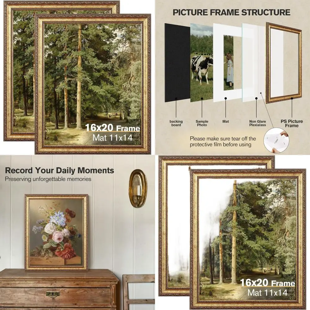 

Pair of 16x20 Elegant Gold Picture Frames, Vintage Wall or Tabletop for 11x14 Matted or 16x20 Unmatted Photos