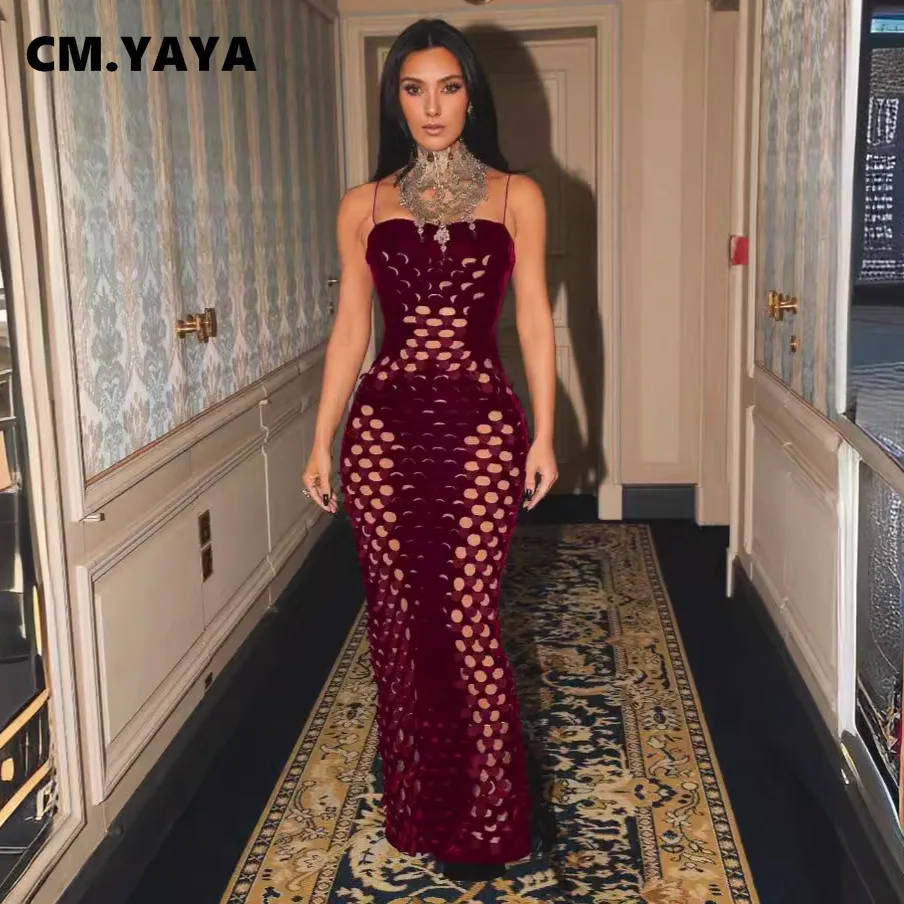 CM.YAYA Women Sleeveless Strap Velvet hollow out Long Maxi Dress Summer Evenning Sexy Night Club Birthday Party Dresses Vestidos