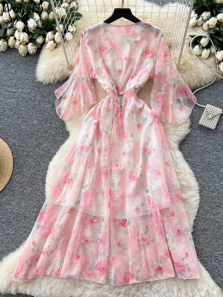 

Summer Woman Flower Print Dress Fashion V Neck Beaded Temperament Vestidos Korean Flare Sleeve Dresses 2025 Vestidos De Mujer