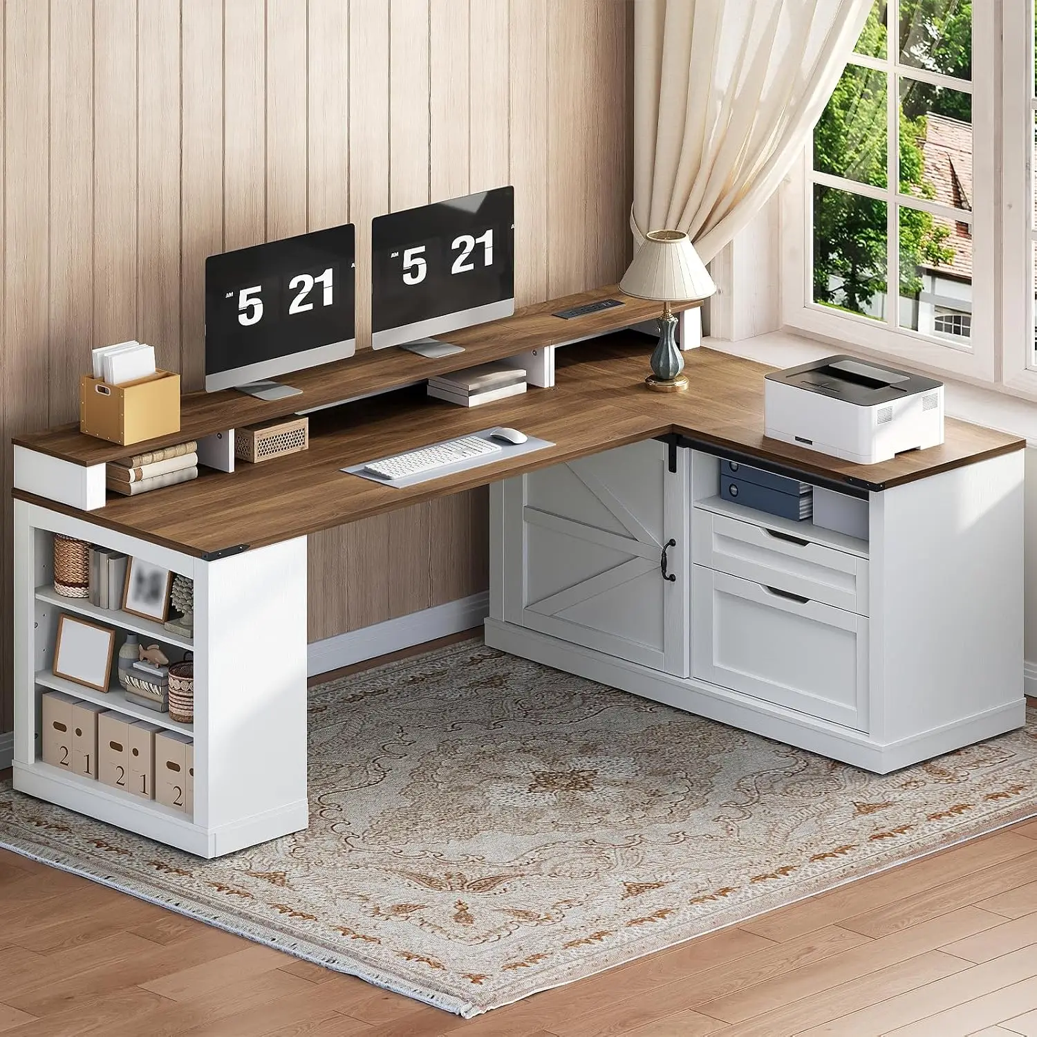 L Shaped Desk With Drawers File Cabinet Monitor Stand Power Strip, 53 Inch Wooden Corner Desk For Home, Customized