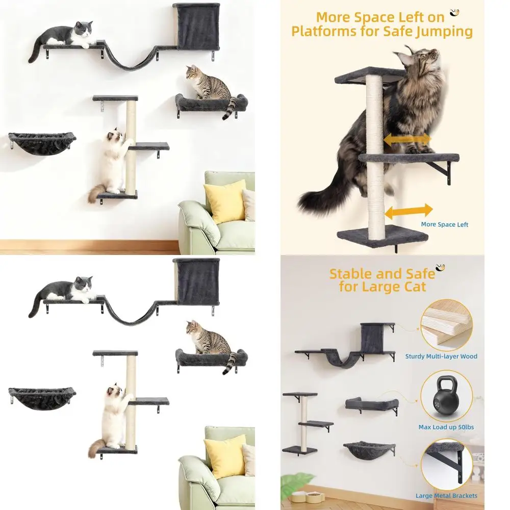 

Sturdy Wall-Mounted Cat Shelves for Large Cats, 17'' Hammock and Perch Bed, 5-in-1 Climbing Set for Multiple Rooms