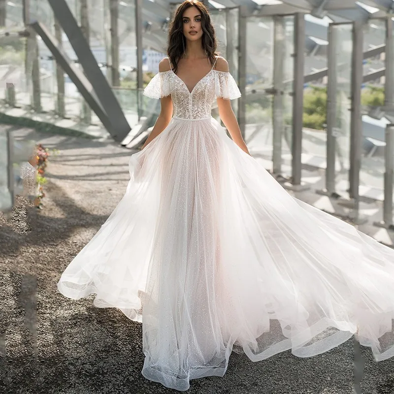 

Large White Deep V-neck Wedding Dress with Slim Fit and Slimming Dual Shoulders, Lace Flower One Shoulder Women's 2025 New Style