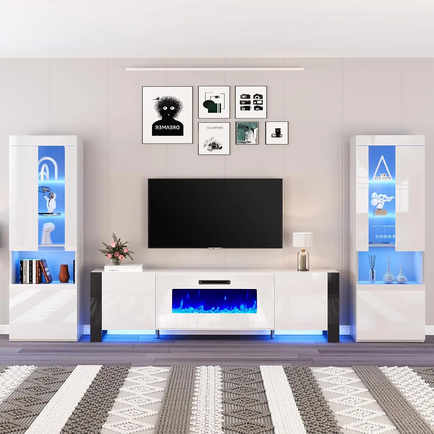 

70" Modern Fireplace TV Stand with 36" Electric Fireplace & 2 Large Storage LED Bookcases, All White