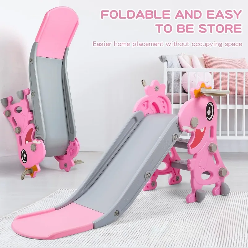 Dinosaur Slide Kids Toddler Indoor Slide Playset Indoor Outdoor Playground Toddler Climber Playset with Basketball Hoop