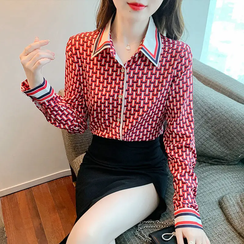 Camisa ajustada Harajuku para mujer, Tops de manga larga con estampado de celosía con botones, ropa informal holgada que combina con todo, moda elegante