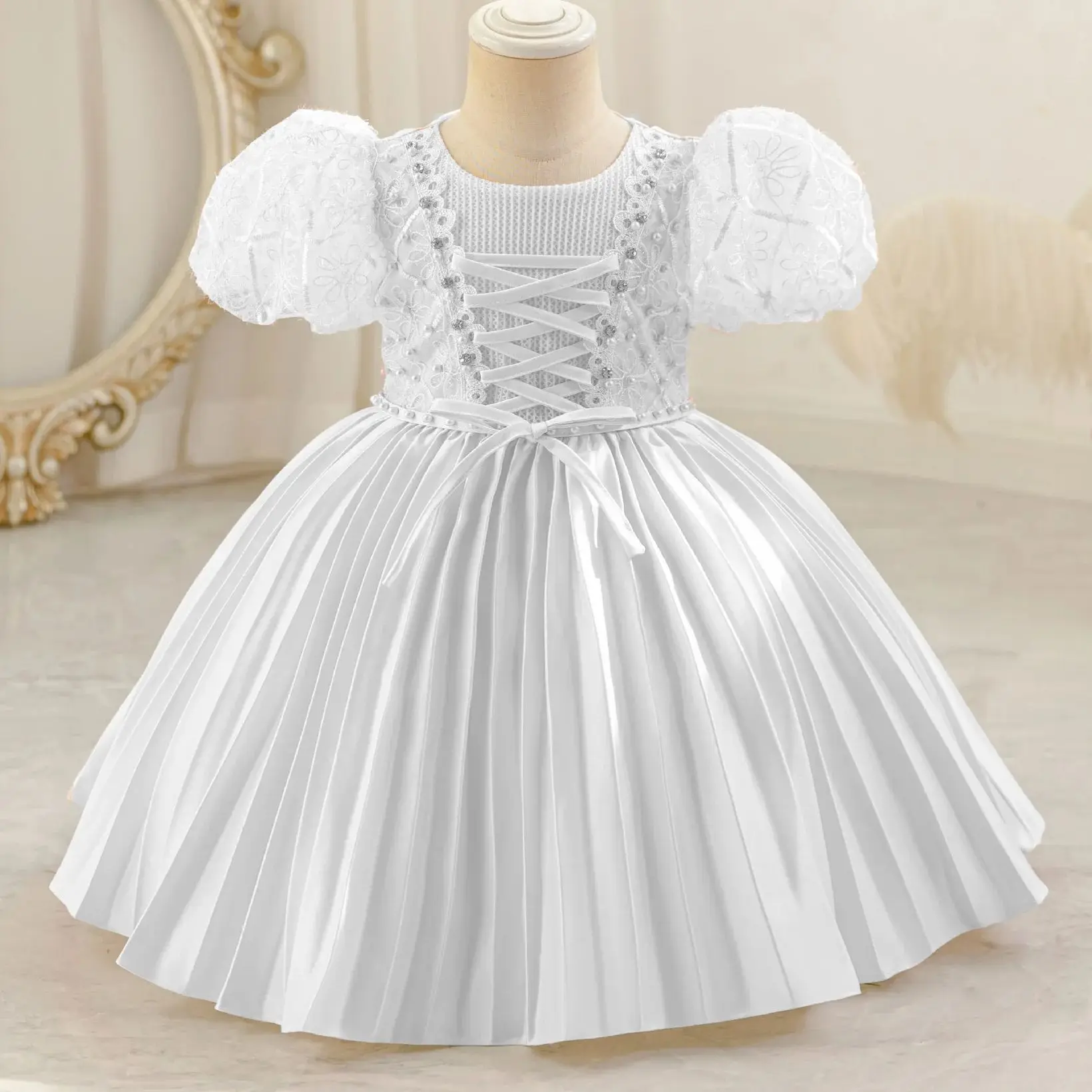 

HETISO Girls Pleated Dress Cute Ribbons Beading Kids Child Party Ball Gown Baby Princess Dresses 3-12 Years