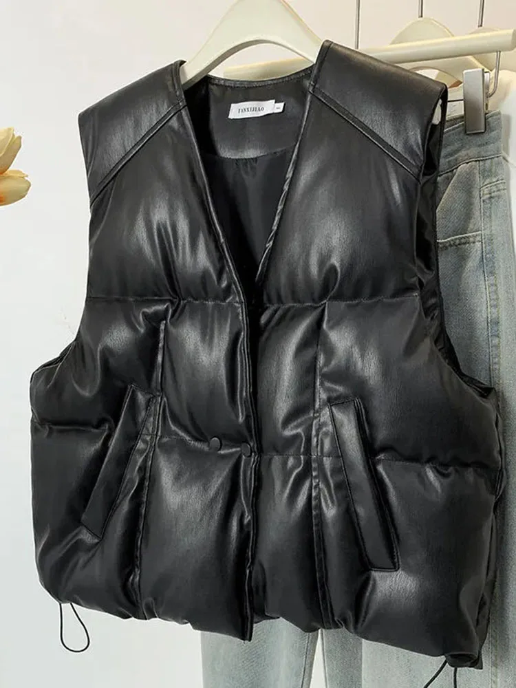 Fashionable Streetwear Black V-neck Leather Vest Jacket Autumn Spring Oversized Quilted Sleeveless Women PU Overcoat Outerwear