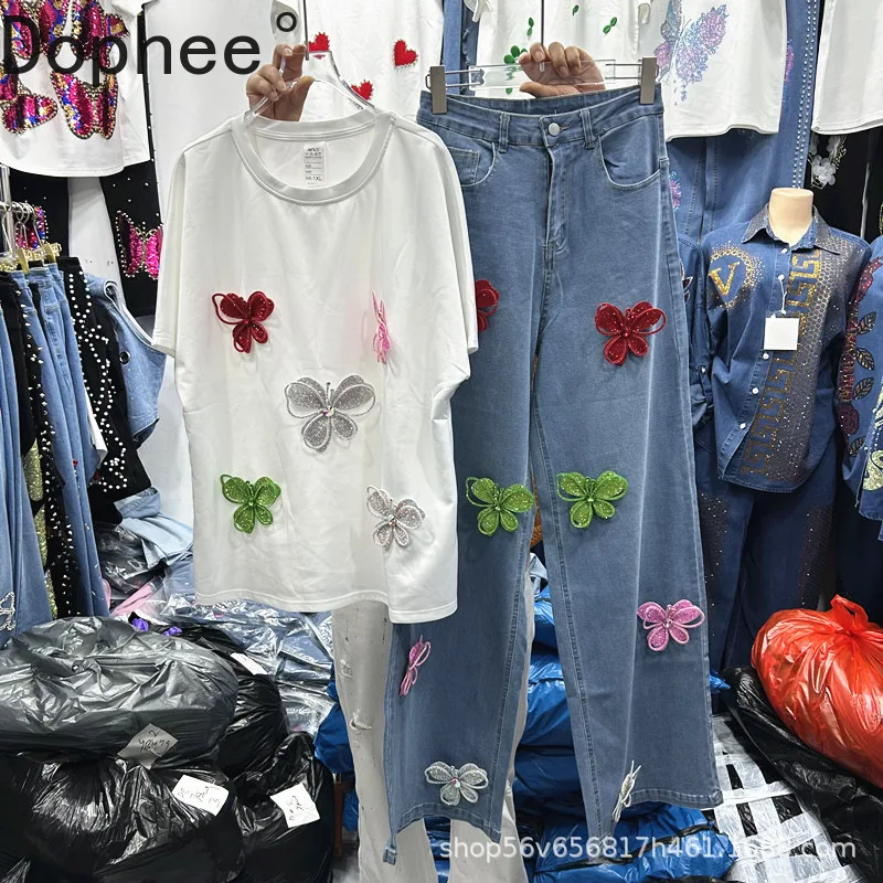 

Spring Summer Casual Women Two-piece Set 3D Butterfly Diamonds Loose Short Sleeve T-shirt Top + High Waist Wide Leg Denim Pants