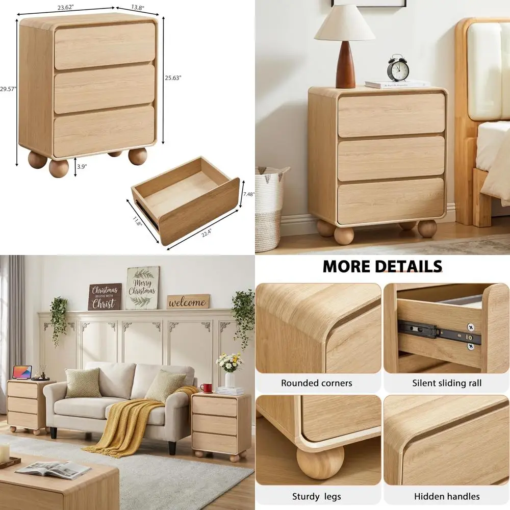 

Curved Wooden Drawer Chest for Bedroom, Nightstand, Closet, Kids' Rooms, Living Spaces, Nursery - Natural Storage Organizer