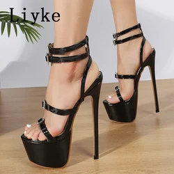 Liyke Model Catwalk Sexy Thin High Heels Women Fashion Rhinestone Buckle Open Toe Ankle Strap Platform Sandals Shoes Stiletto