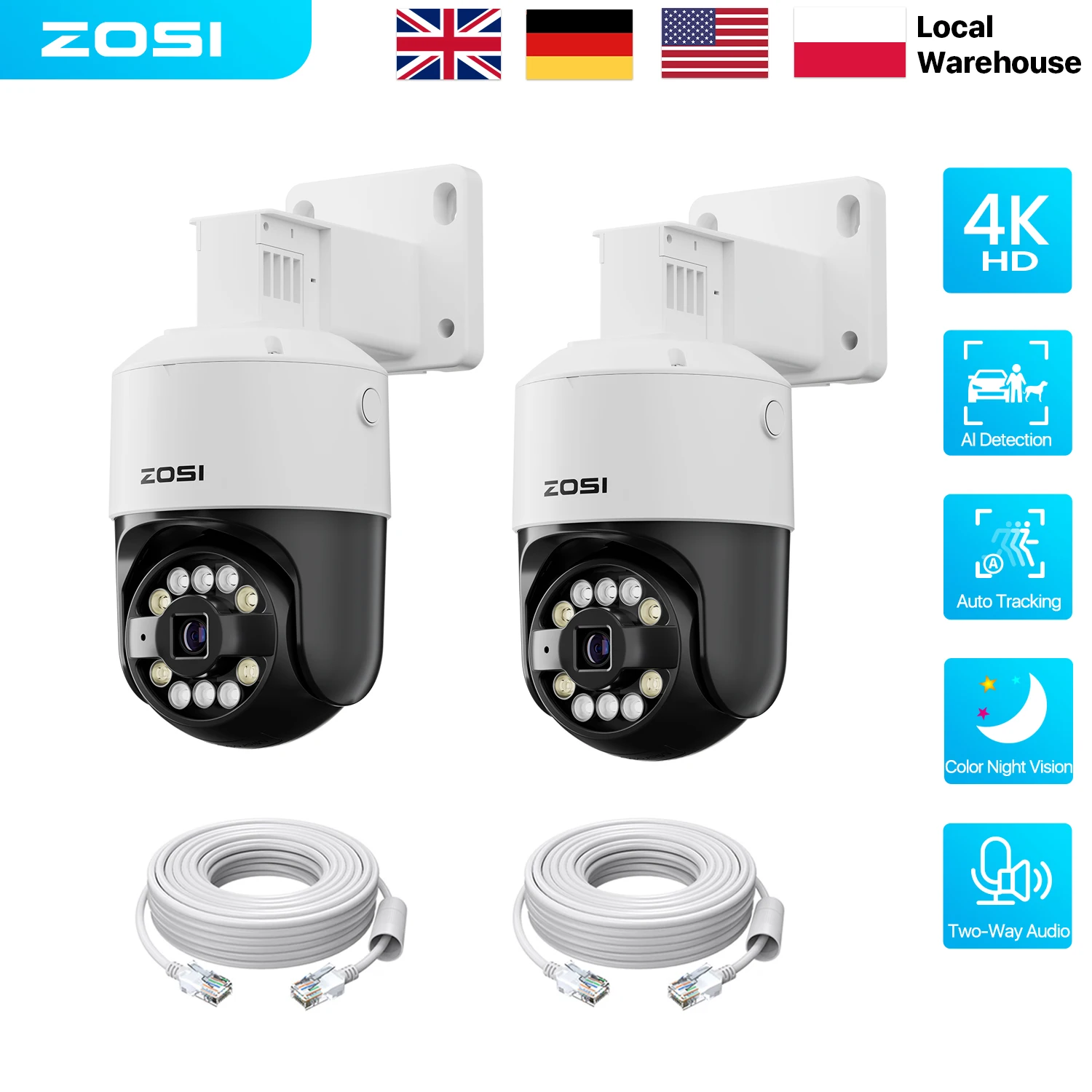 ZOSI 8MP/5MP PTZ PoE Security Camera Outdoor Smart Human Vehicle Detection 2-Way Audio Color Night Vision 4K Surveillance IP Cam