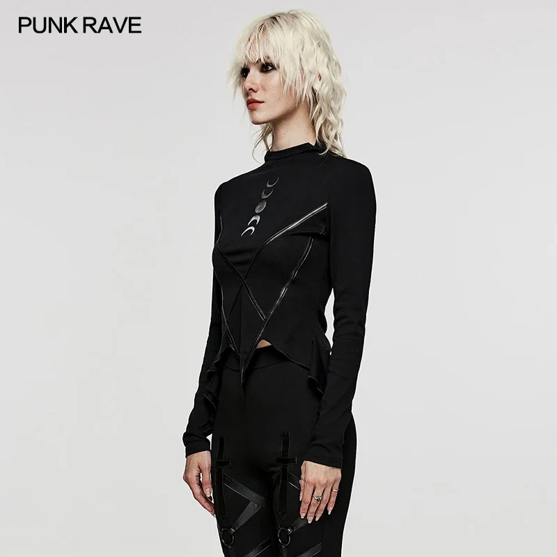 PUNK RAVE Women's Gothic Daily Gradient Moon Print T-shirt Dark Punk Style Irregular Hem Black Tops Women Clothing