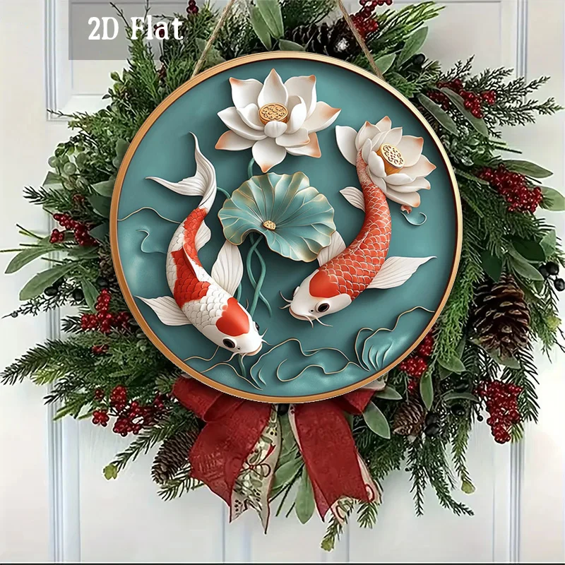 2D Flat, 1pc Koi Fish & for Lotus Flower Wood Panel Wall Art - Round Koi Pond Painting, Wood Frameless Traditional Asian Ornamen