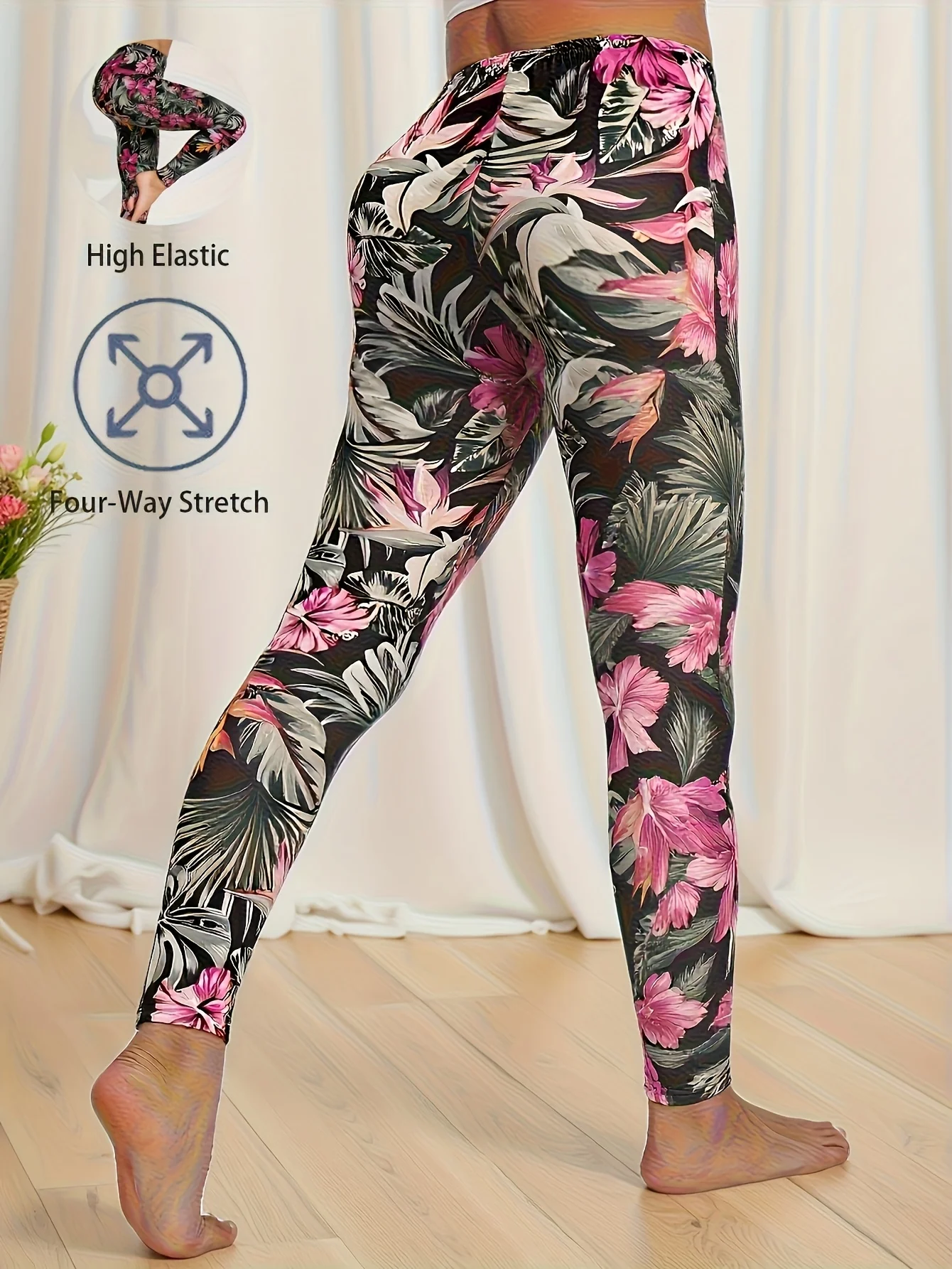Women Mid‑Waist Fleece Lined Ankle Length Leggings Tropical Bright Floral Leaf Print Stretch Slim Warm Elastic Casual  Pants