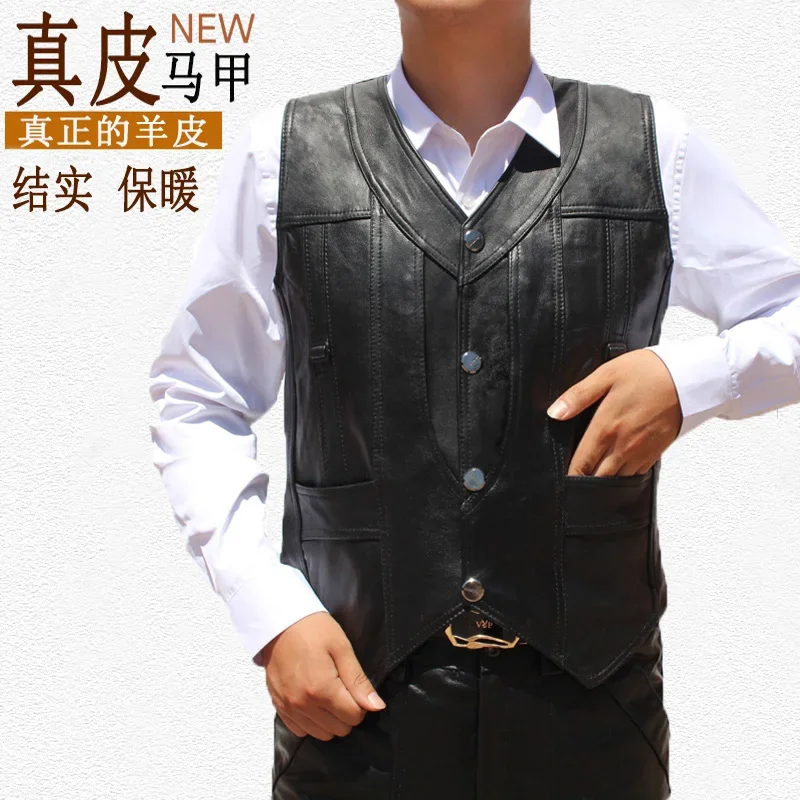 2024 Men's Leather V-neck Leather Waistcoat Spring Sheepskin Suit Leather Vest